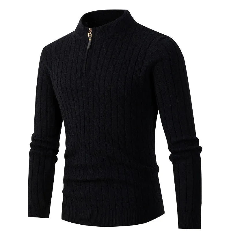 Men's thick twist jacquard sweater with half-zip high collar in grey, cotton blend and rabbit fur, long sleeve winter pullover