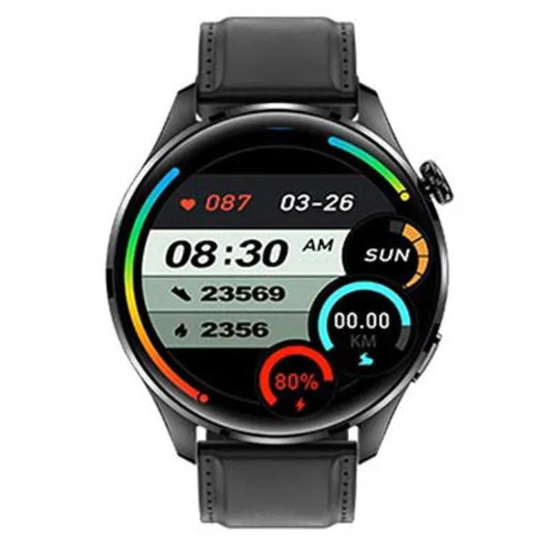 Smart watch with round colour screen on a black silicone strap, showing a call interface.