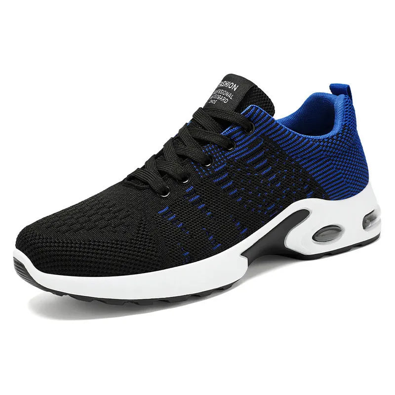 Men's flyknit mesh breathable casual soft sole low-top lace-up sneakers in black and gray
