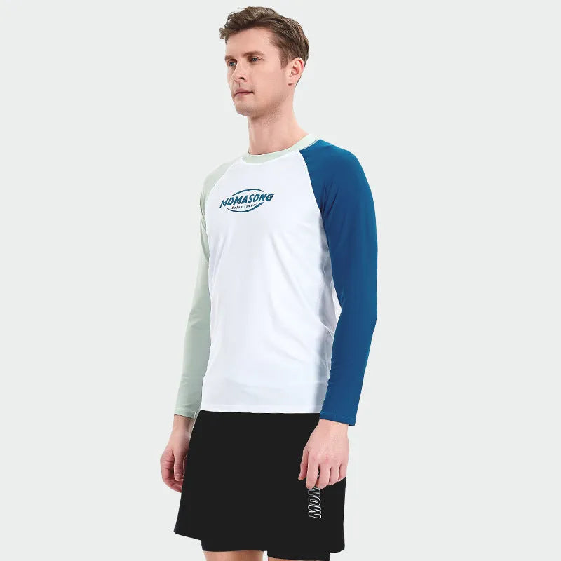 Men's white long-sleeved swim top and matching navy blue swim trunks set for outdoor water sports.