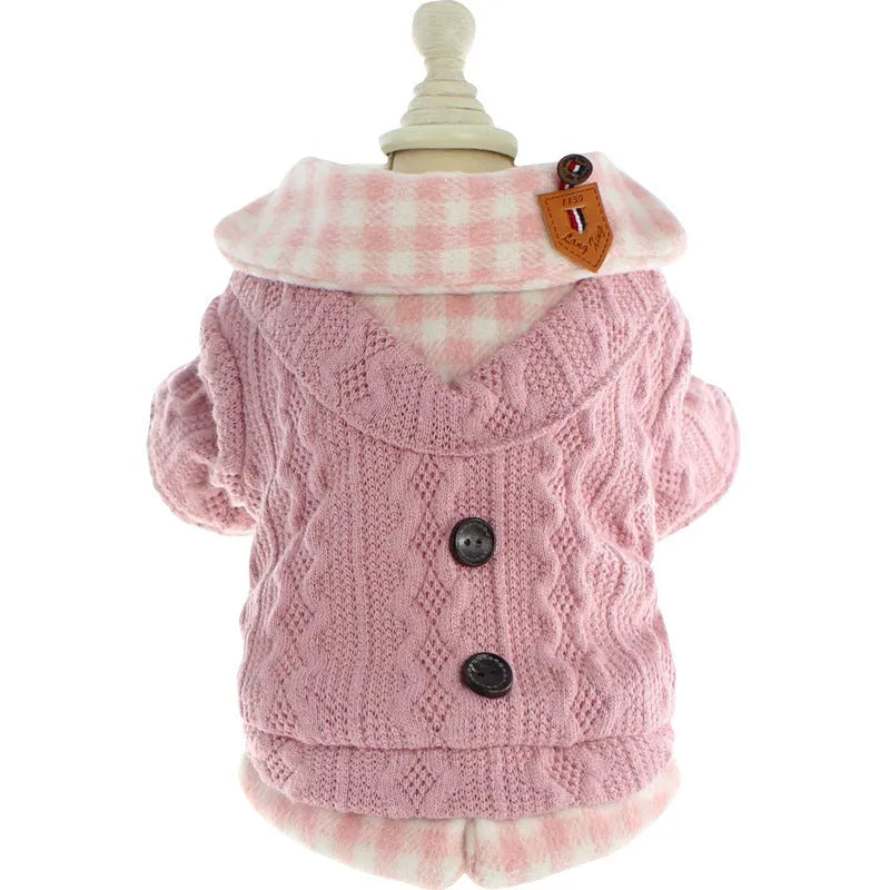 Blue wool plaid check two-piece dog sweater with fleece lining shown on dog model