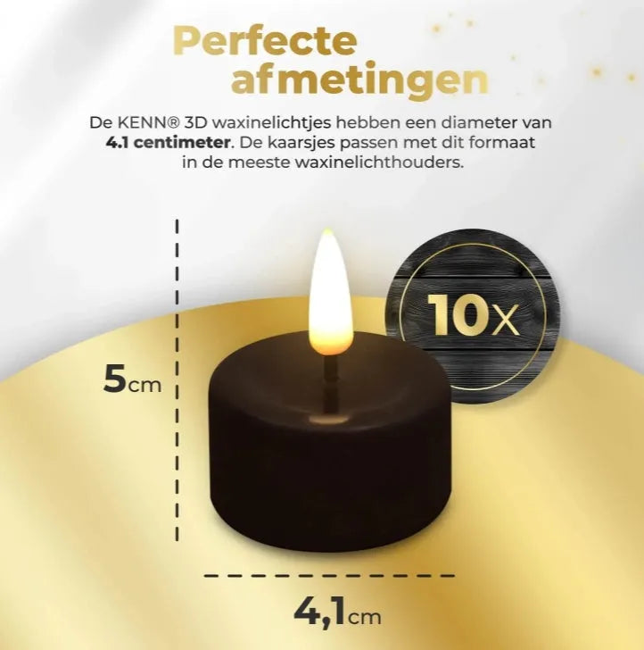 Four black S10 LED tealight candles showing their size and flickering flame effect.