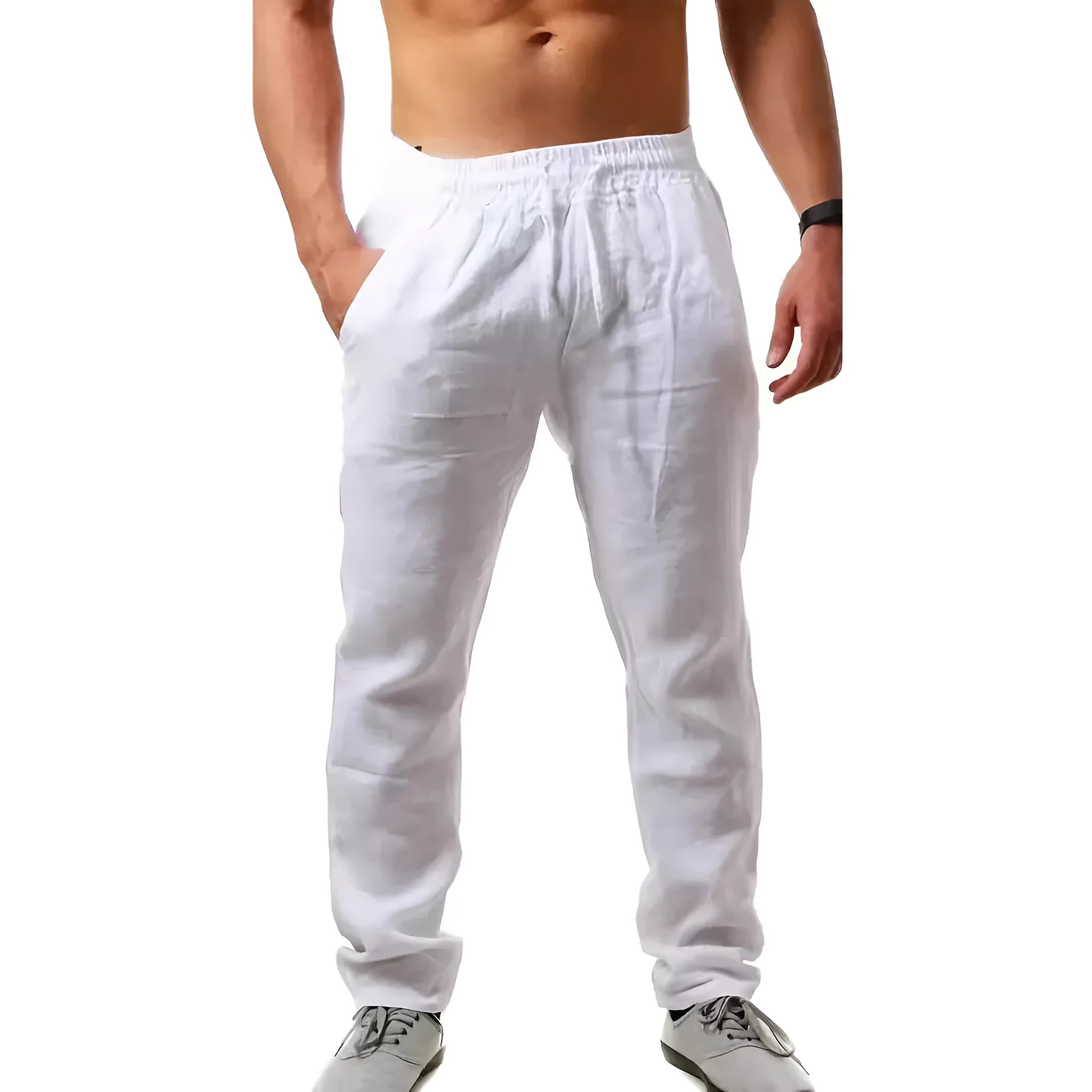 Man's loose-fitting cotton linen casual beach pants in solid khaki colour