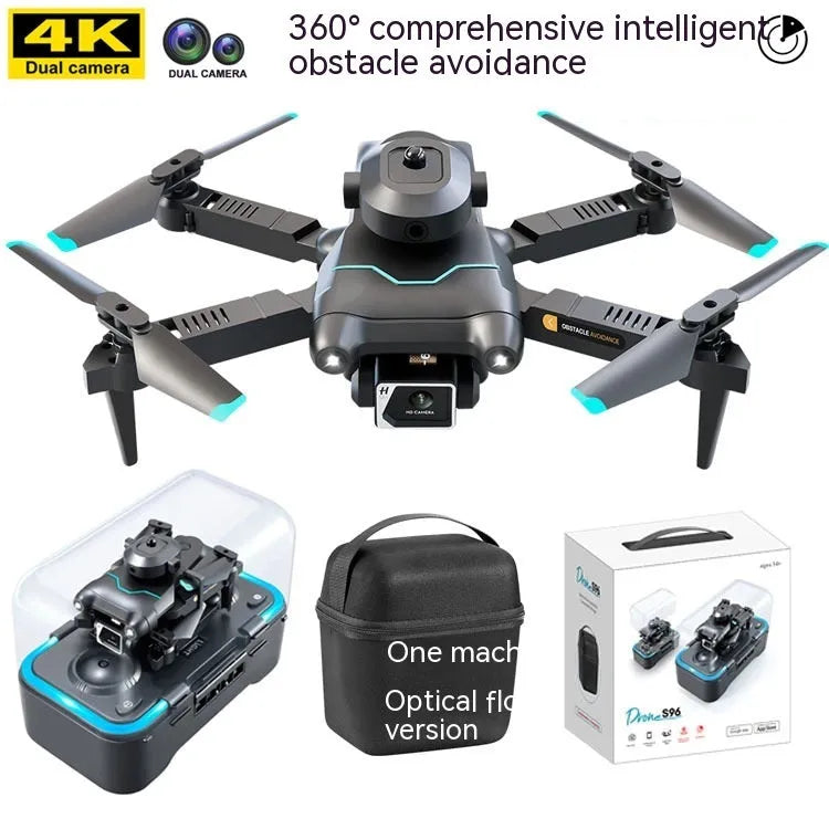 Black four-axis mini drone with cameras, showing obstacle avoidance sensors and compact plastic body.