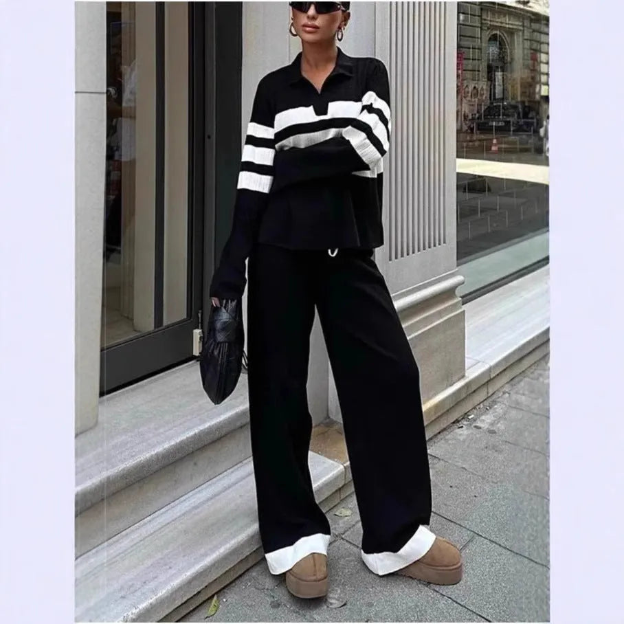 Women's black and white striped knitted polo collar two-piece set with long sleeves and trousers