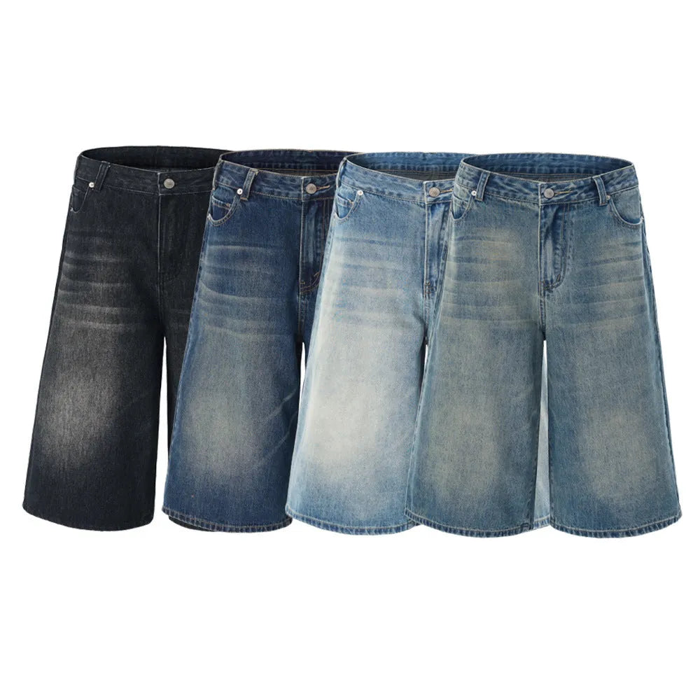 A pair of light blue denim shorts with a loose straight leg and cropped length on a neutral background.