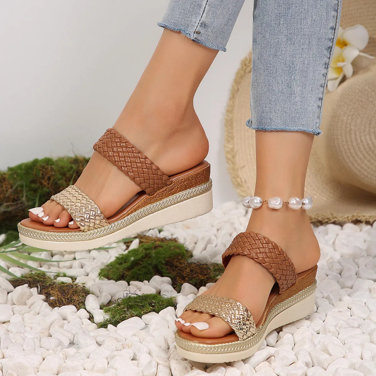Gold or silver plus size wedge sandals for women in sizes 36 to 43