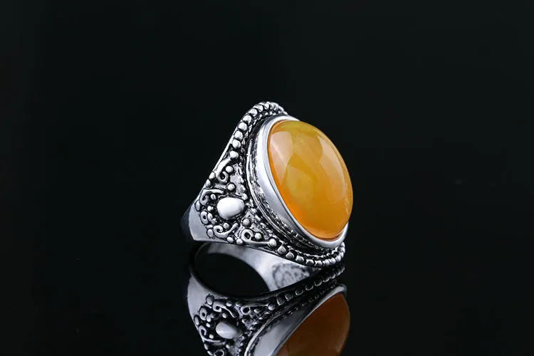 Geometric retro alloy ring with antique silver amber electroplating and fluorescent beeswax detail