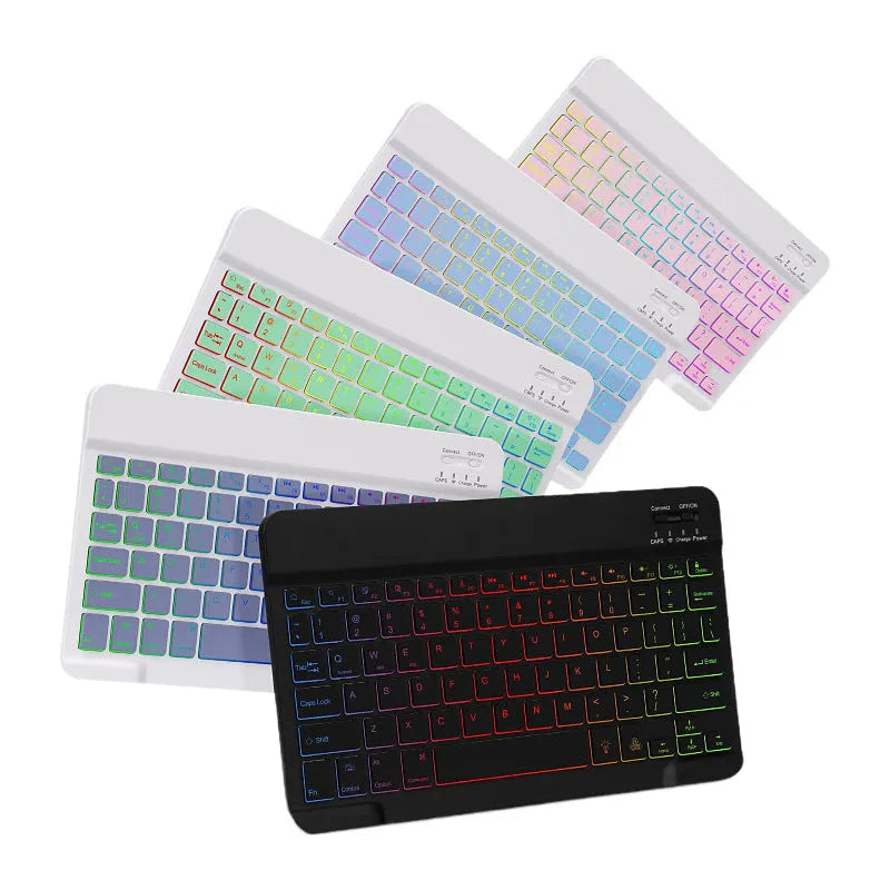 iPad in a colourful TPU leather case with a built-in RGB backlit Bluetooth keyboard and a flip-out stand.