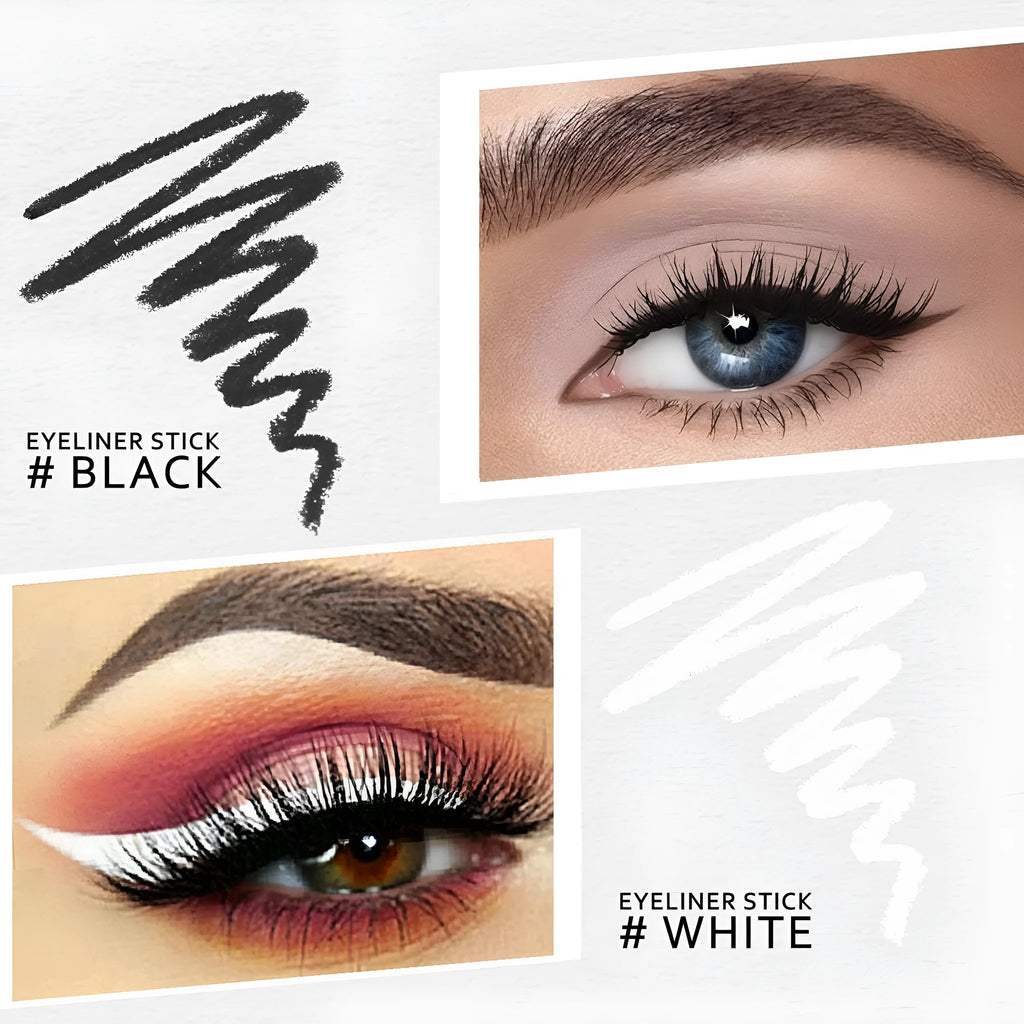 12 white and black retractable eyeliner pencils with a sharpener on a white background.