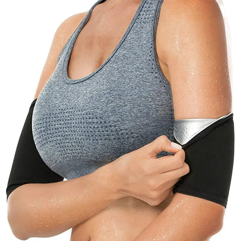 Adjustable arm compression sweatband in blue with hook-and-loop closure, worn on forearm.