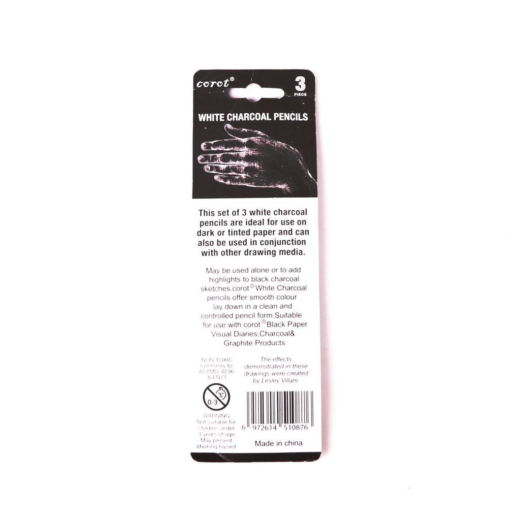 Set of three white charcoal highlighting pencils with wooden casings for sketching.