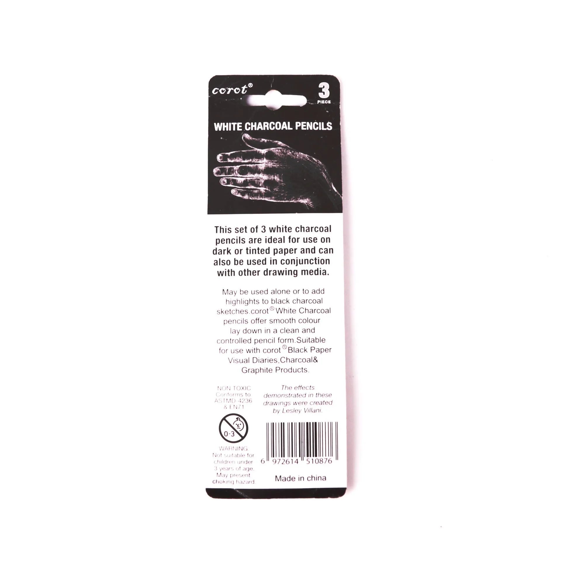 Set of three white charcoal highlighting pencils with wooden casings for sketching.