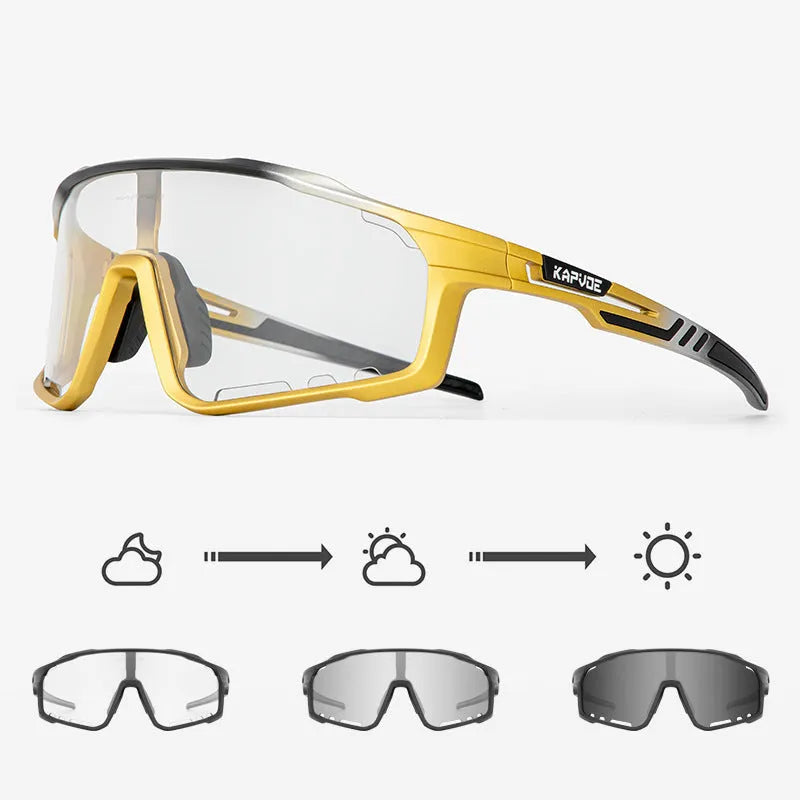 Photochromic cycling sunglasses with semi-rimless TR90 frame on a bicycle helmet.