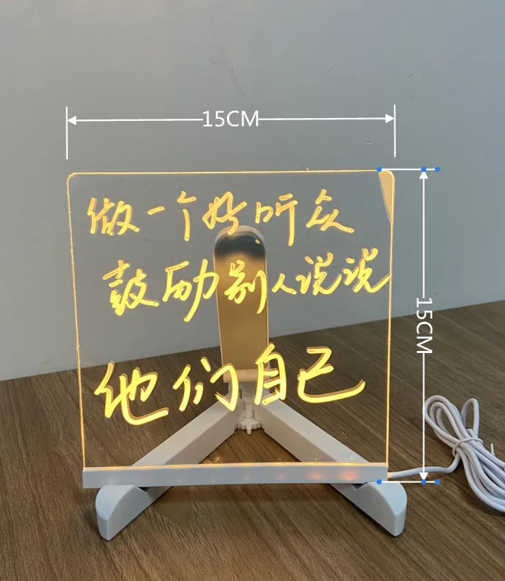 DIY transparent acrylic LED message board desk lamp with handwritten note and soft blue glow