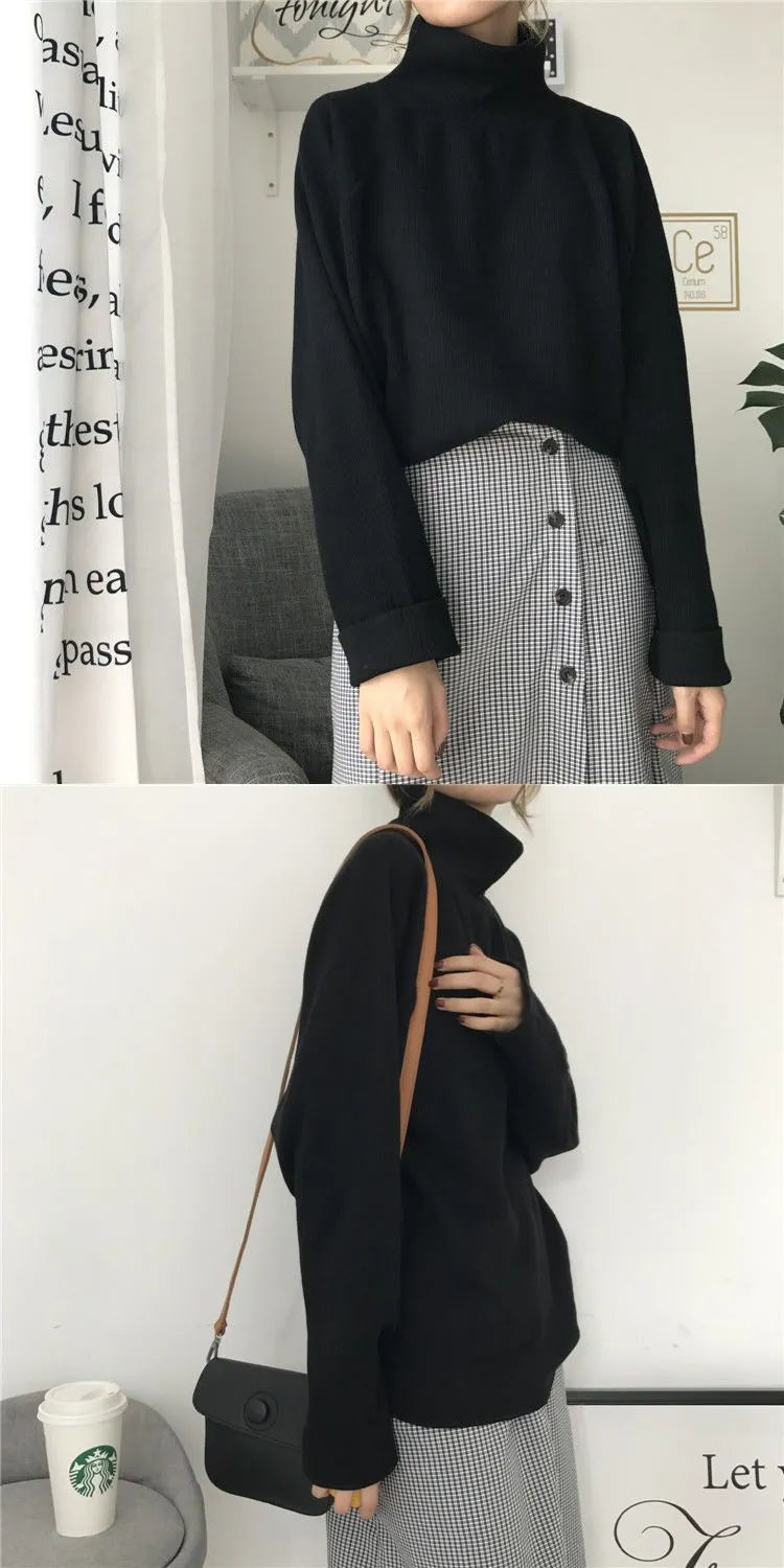 Women's solid colour half-high collar long sleeve loose fit top in white, apricot, or black