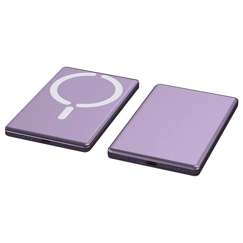 Ultra-thin magnetic power bank with alloy casing in black, grey, silver, or violet