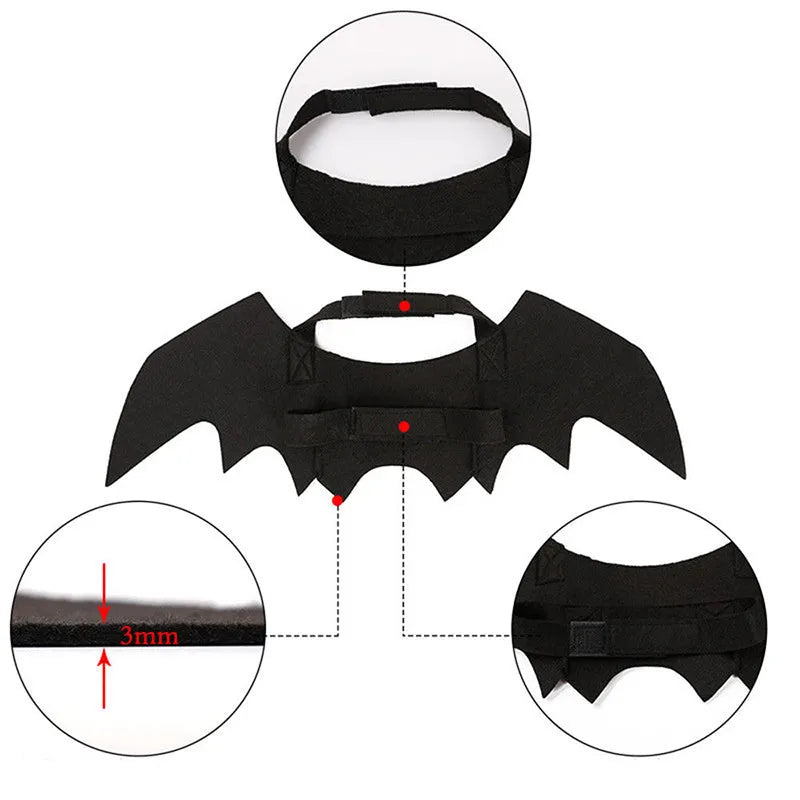 Black felt Halloween bat wings for cats and small dogs with Velcro neck and chest straps, 1PC