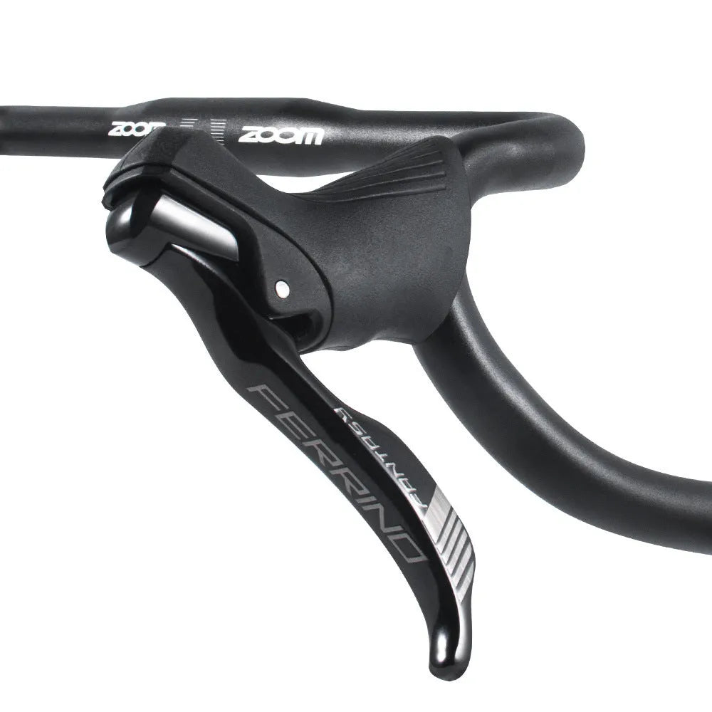 Black aluminium road bike bent handlebar showing 420mm width and 31.8mm clamp diameter