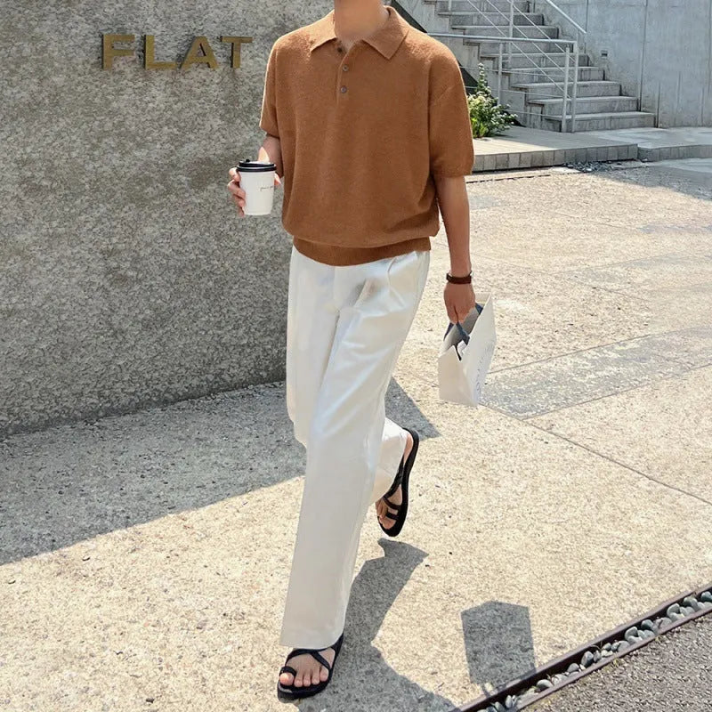 Men's caramel coloured retro knitted polo shirt with short sleeves and asymmetric styling detail