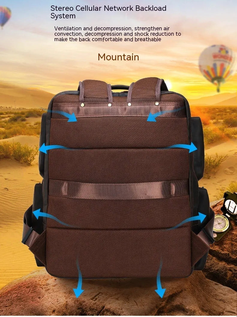 Dark brown genuine leather backpack for men showing embossed texture, double straps, and open compartments.