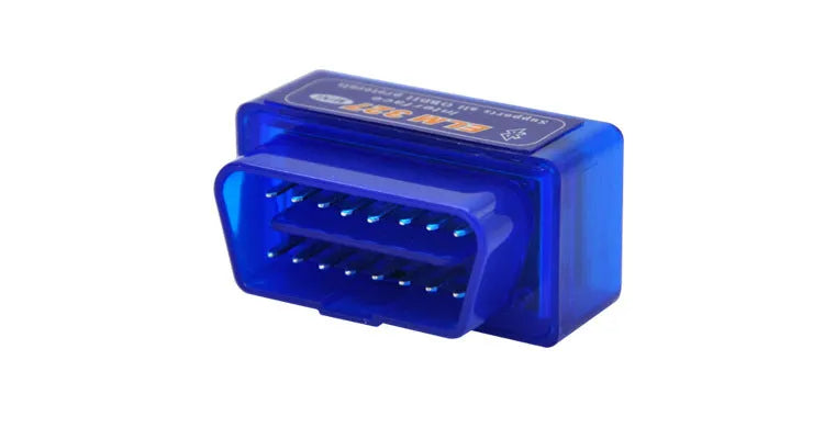 Compact blue and black Bluetooth OBD2 car diagnostic scanner with ELM327 chip.