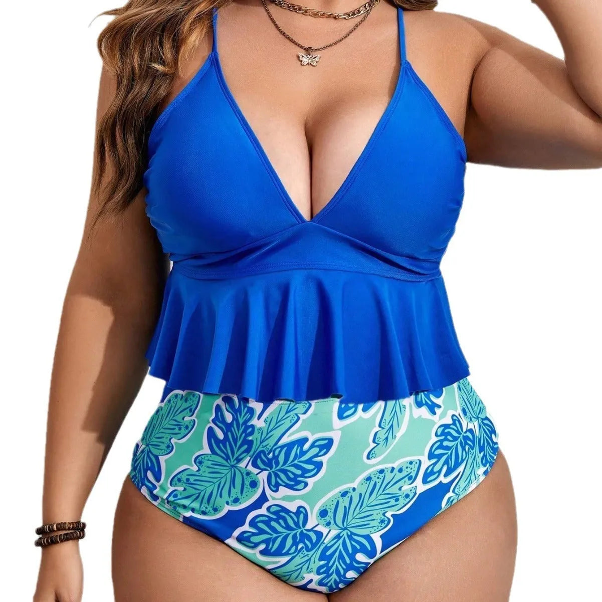 Blue polyester women's bikini set with split style briefs in extended sizes