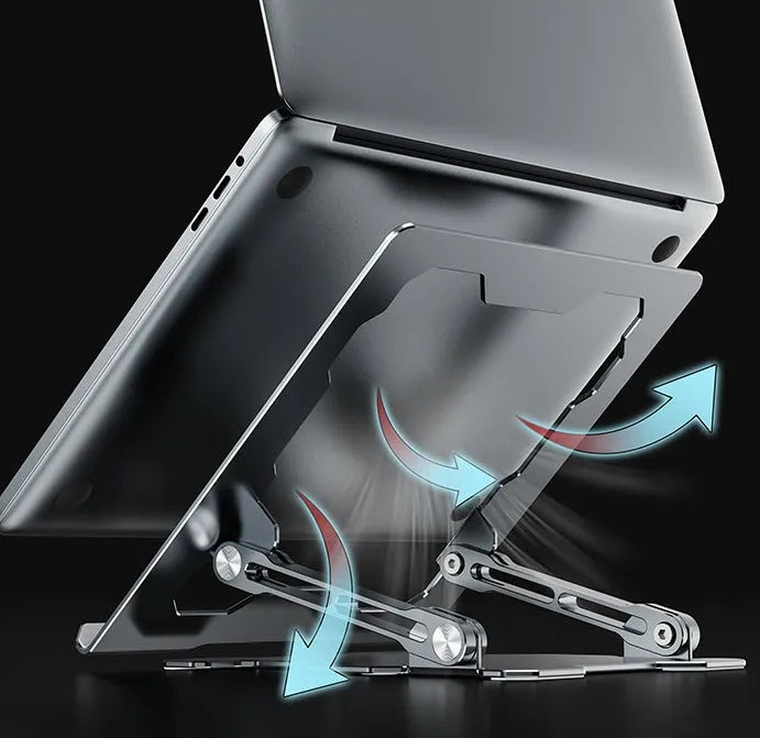 Grey adjustable aluminium laptop stand holding a silver laptop, shown in a folded and unfolded position.