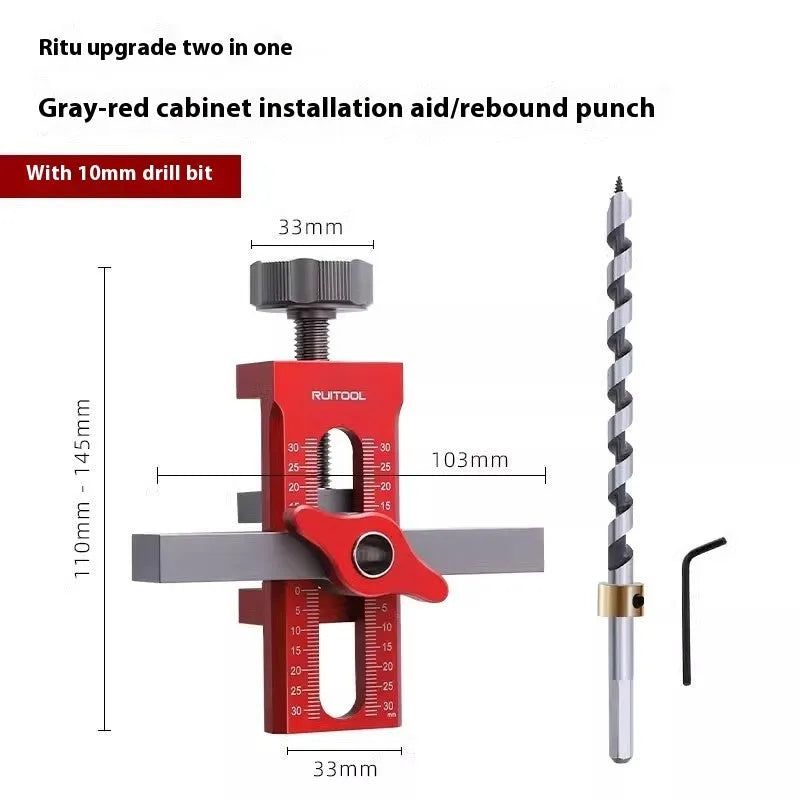 Aluminium alloy cabinet door installation aid tool for woodworking projects on a workbench.