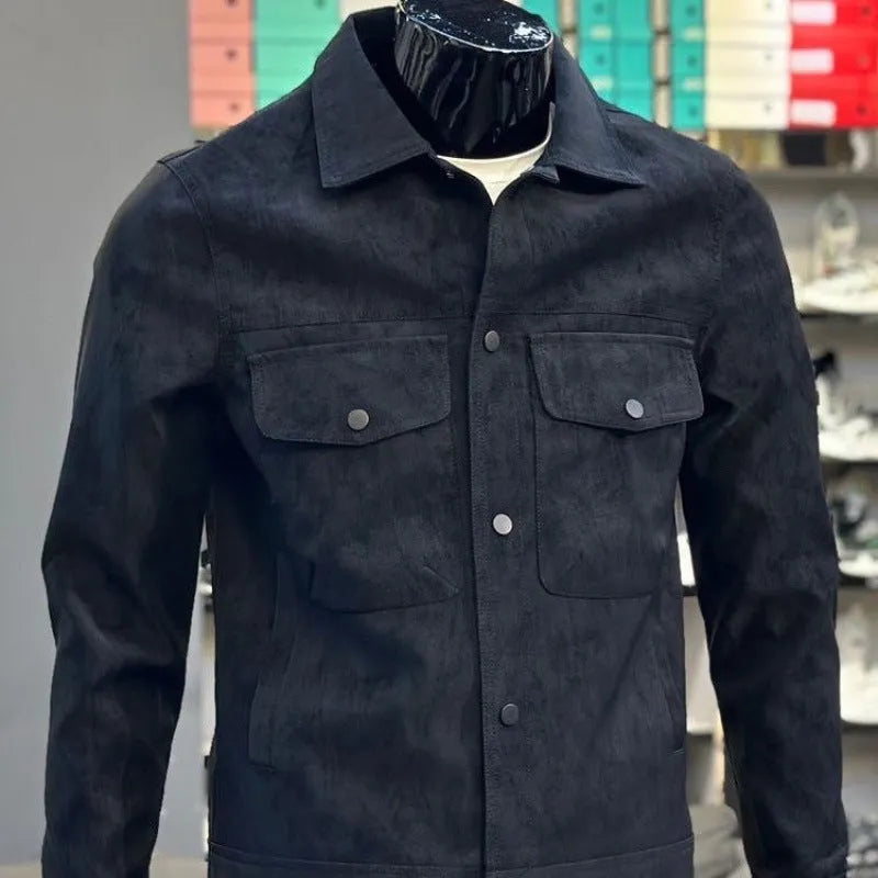 Men's casual suede jacket single-breasted solid black colour front view