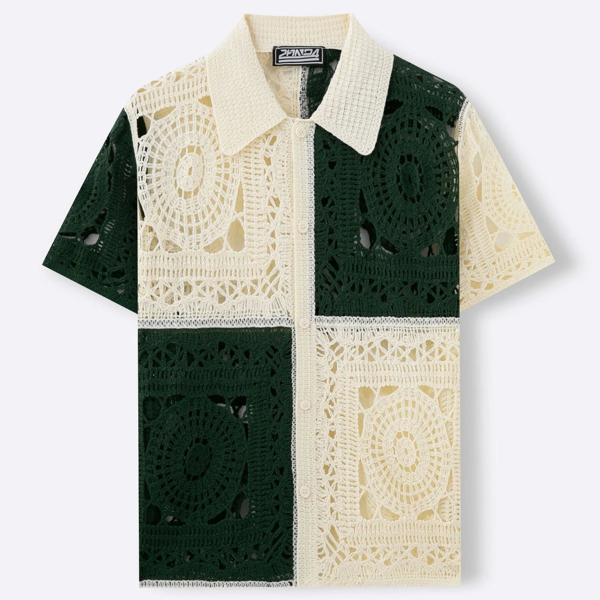 Beige men's short sleeve knitted shirt with colourblock pattern and flocking texture detail