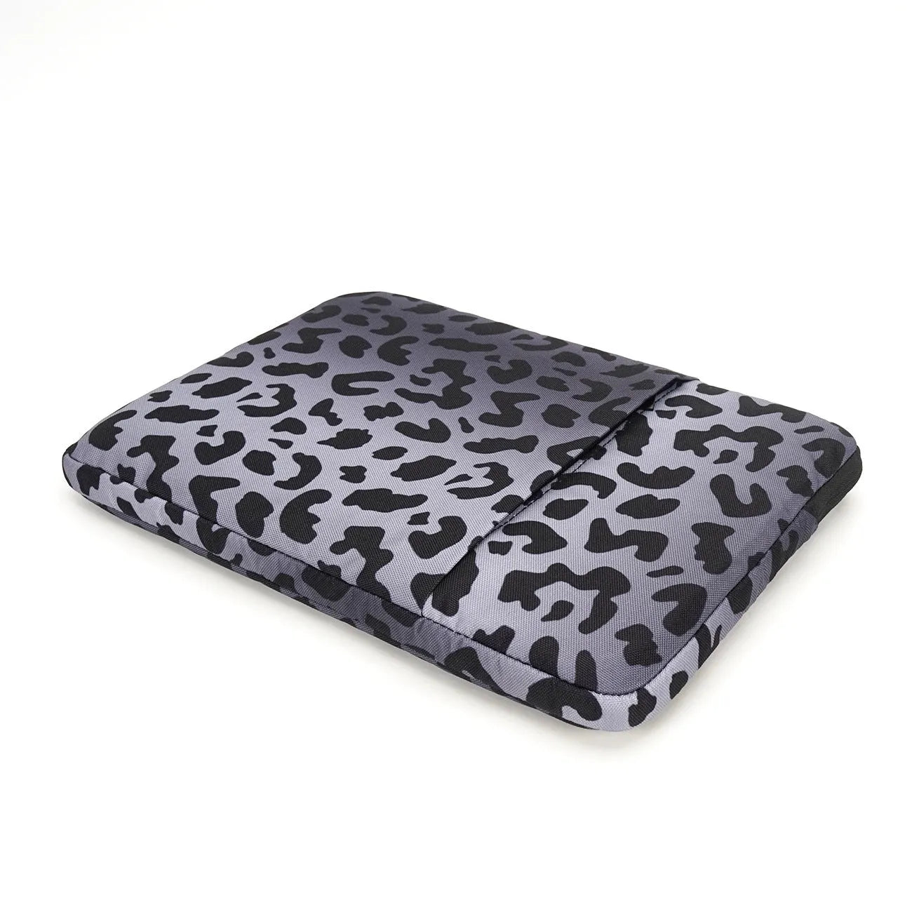 Leopard print laptop sleeve for 13-inch to 16-inch devices, showing anti-shock and waterproof features