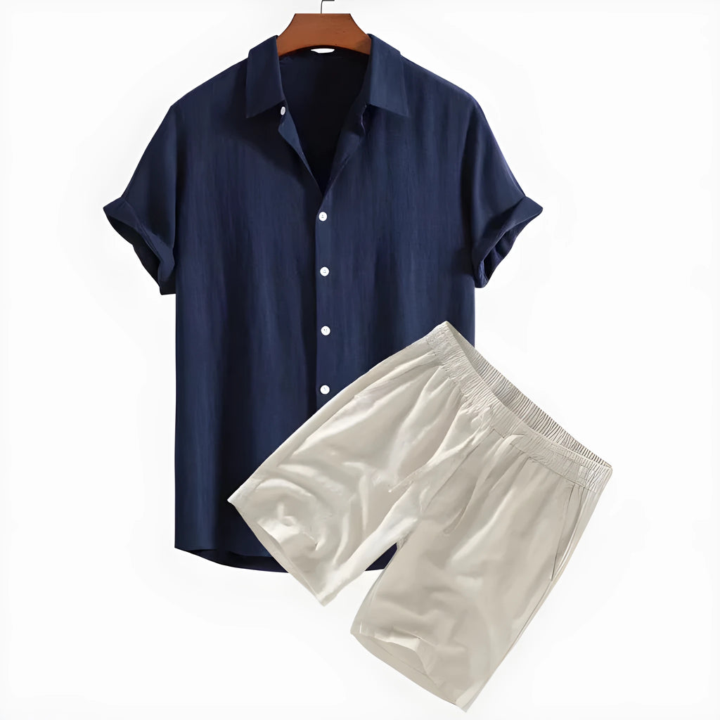 Men's solid colour casual short-sleeved shirt and shorts suit on a hanger.