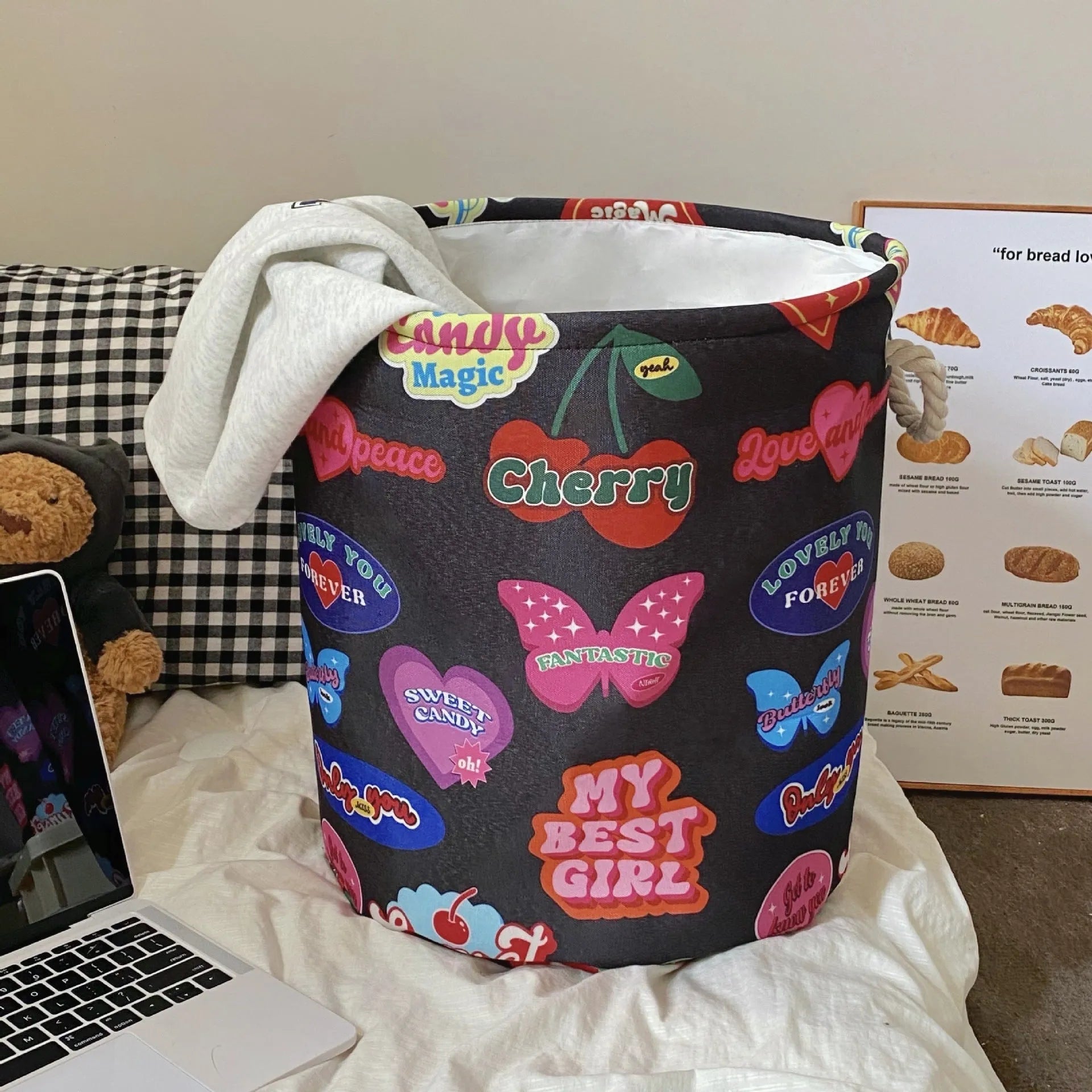 Foldable laundry basket with decorative removable cotton cover in choice of 12 patterns
