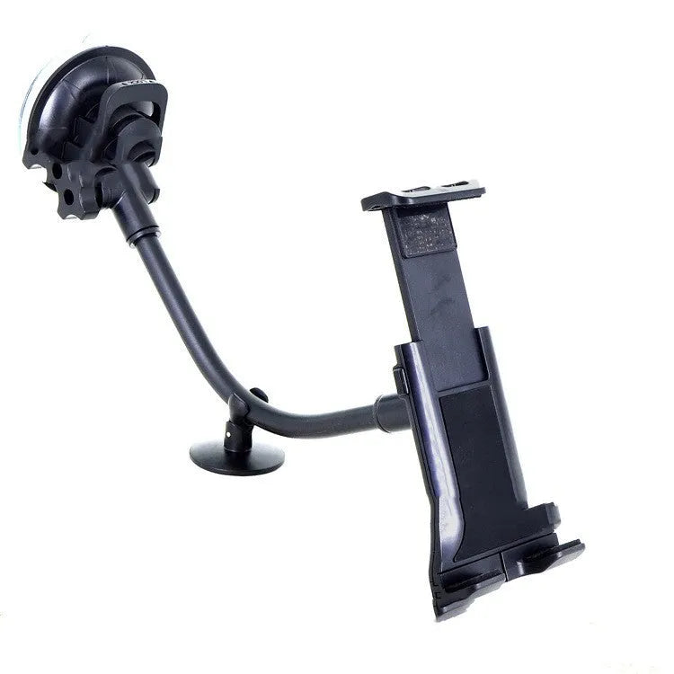 Black universal vehicle-mounted tablet holder with long-rod suction cup for 4-12 inch devices.