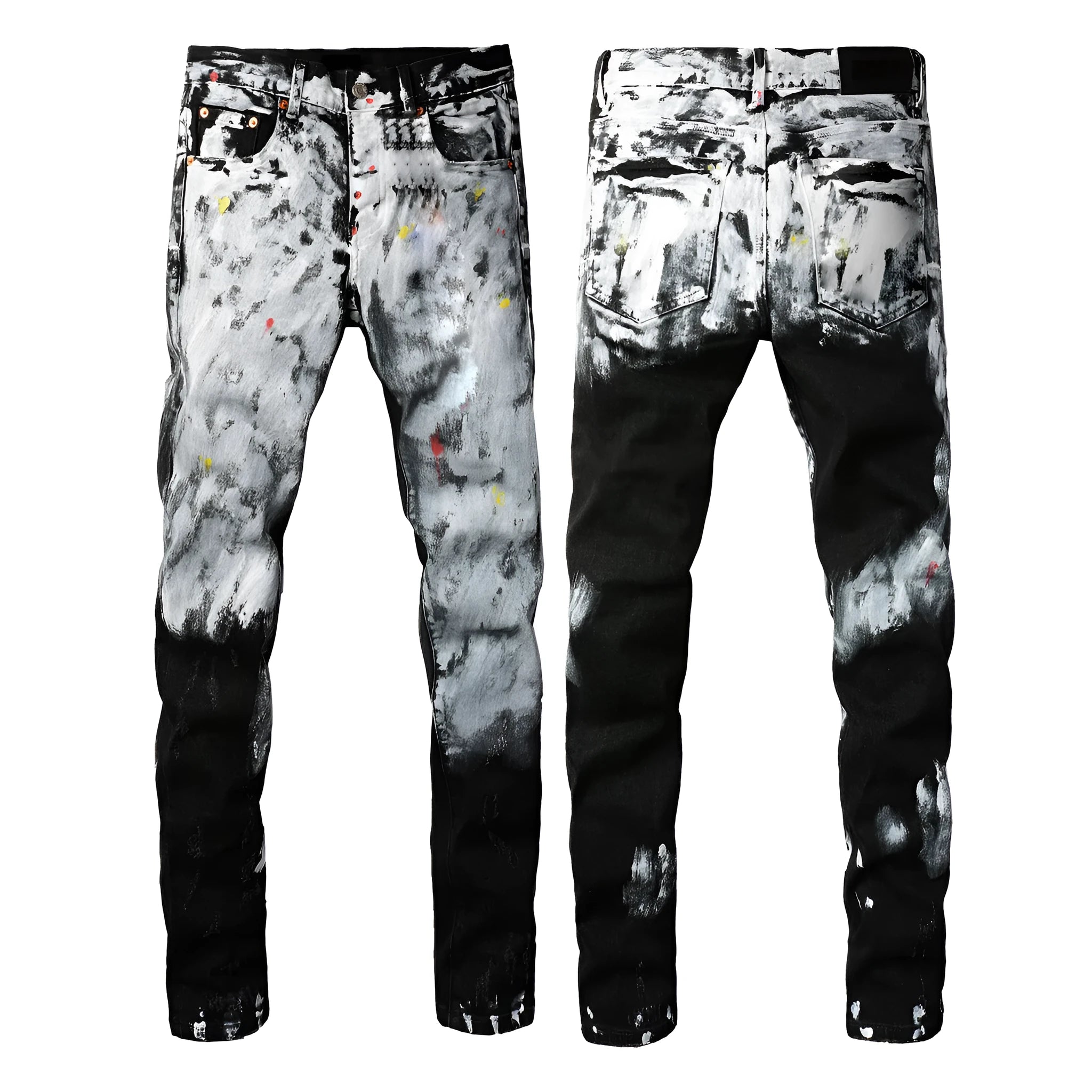Black men's slim fit skinny jeans with a straight leg and button-fly cardigan opening.