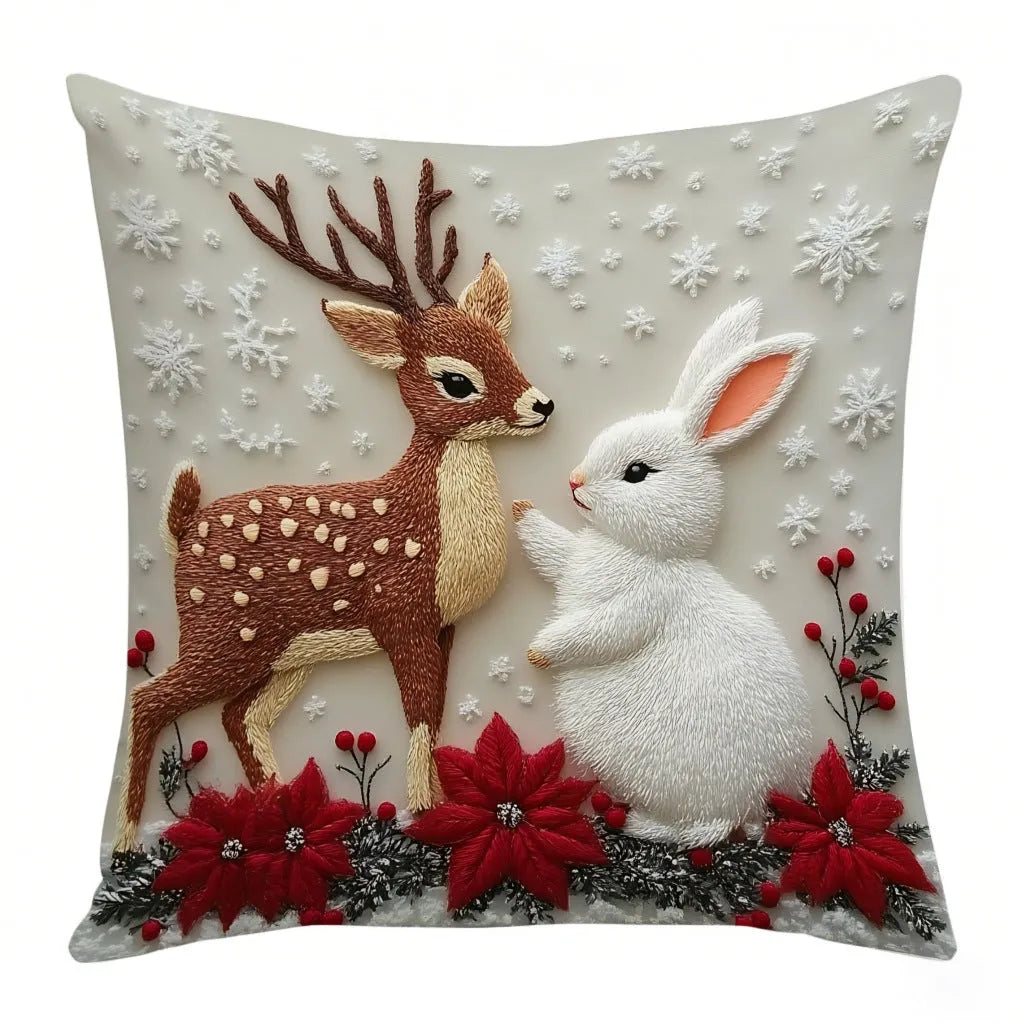 Christmas cushion cover 45x45cm with elk and rabbit print on linen-style fabric for sofa decoration