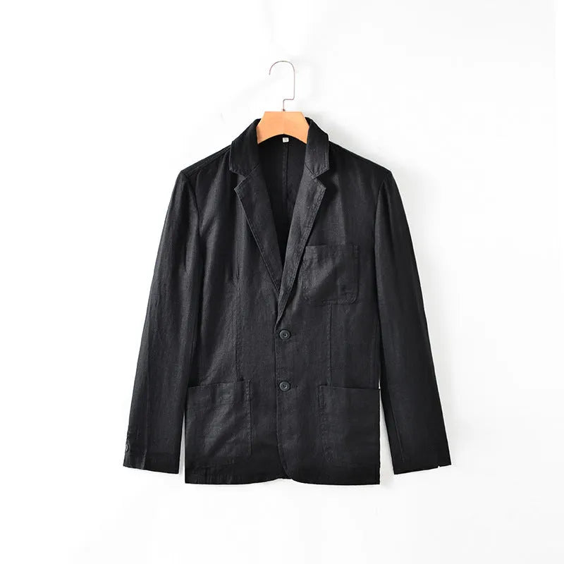 Men's thin solid colour linen coat with stick pockets on a hanger.