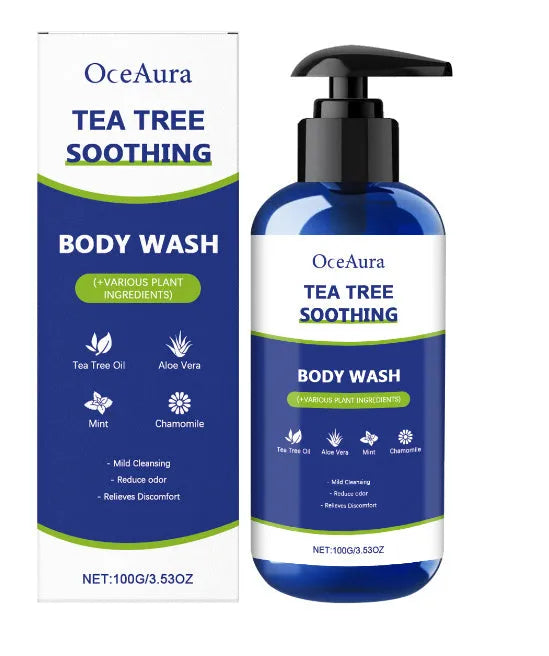 Tea Tree Soothing Shower Gel 100g with ingredients including aloe vera and chamomile extracts
