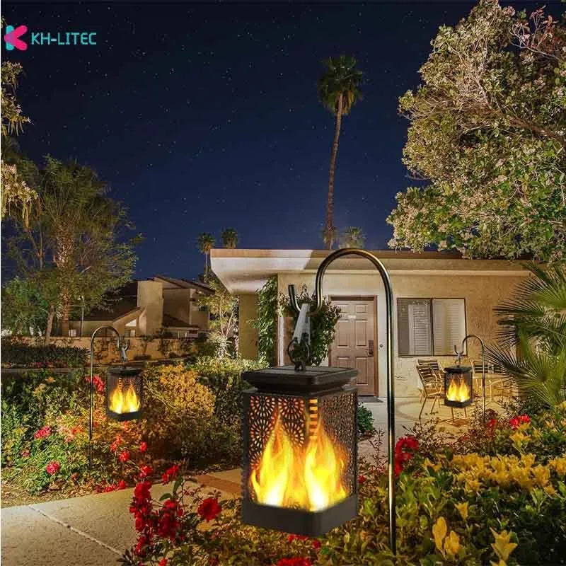 Black solar-powered hanging flame torch light for outdoor garden and patio decoration