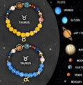 Two natural stone beaded bracelets showing different zodiac sign designs on a neutral background.