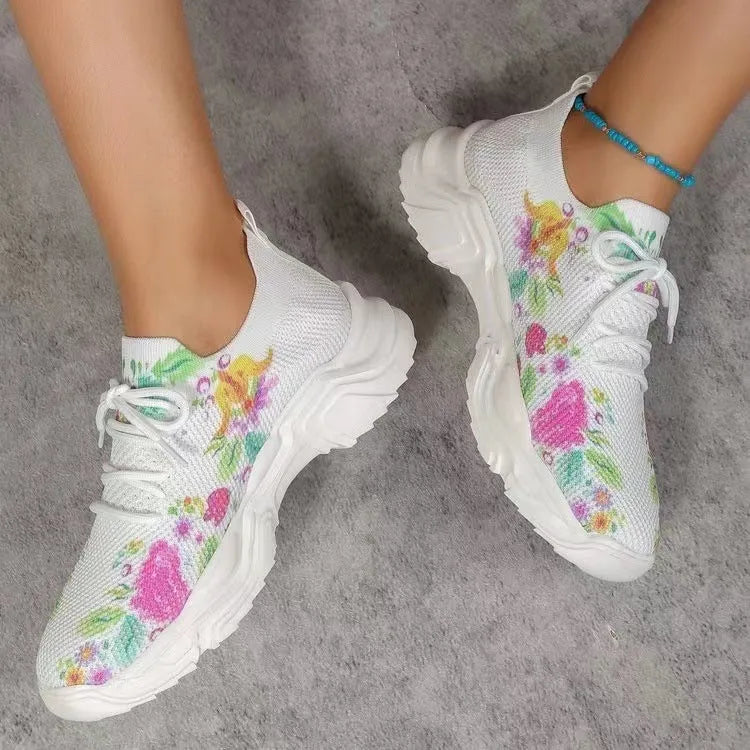 Flyknit casual slip-on running shoes with 3D printed flower design in multiple colours