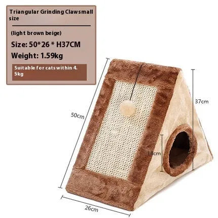Triangular cat bed with integrated sisal scratching panels in grey and white colour scheme