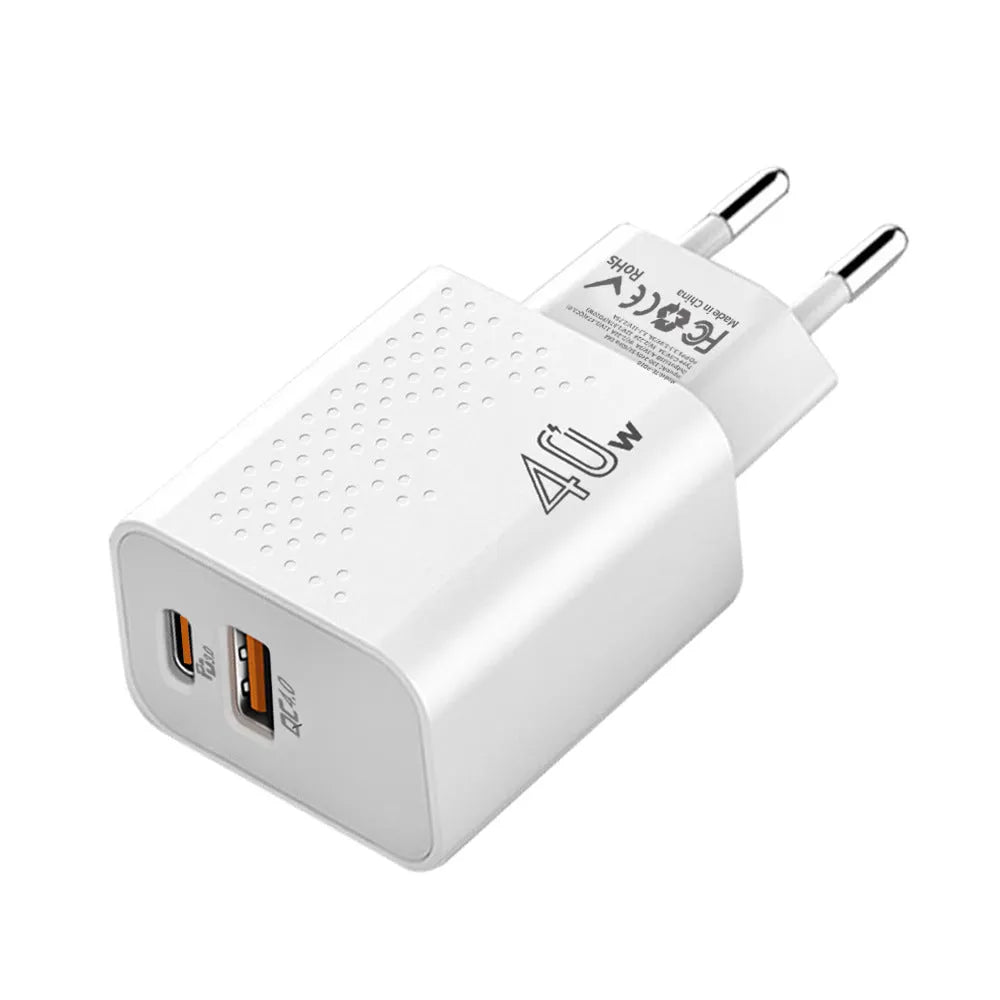 Dual-port USB charger 40W with European and American standard plugs in white and black colour options