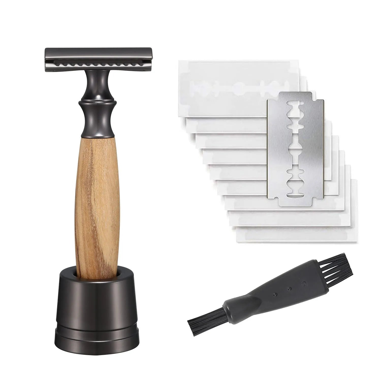 Copper manual shaving razor with olive wood handle and metal construction