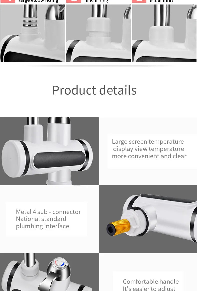 White electric instant water heater with digital display for kitchen sink installation.