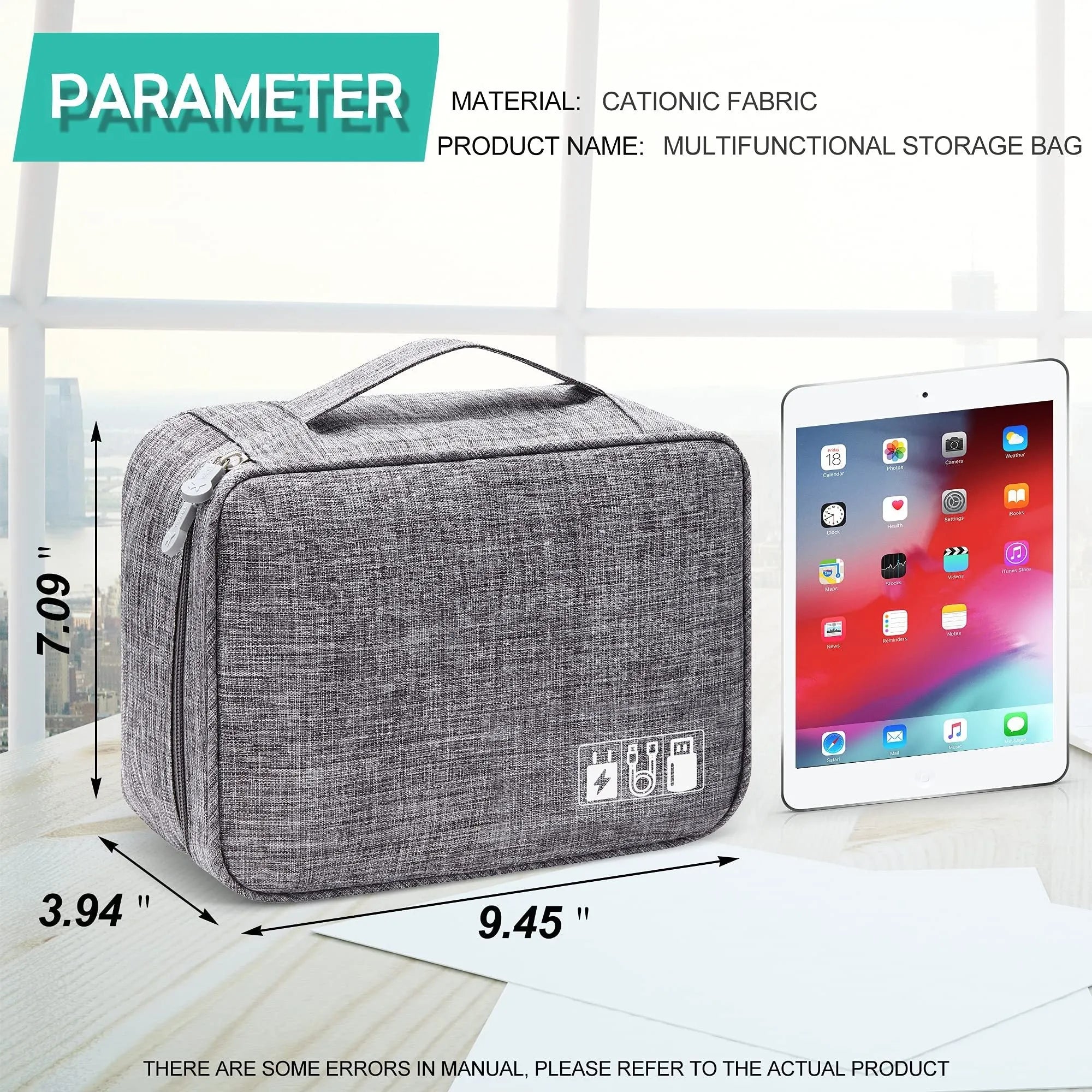 Black waterproof electronics organiser bag open, showing mesh pockets, elastic loops, and removable padded dividers inside.