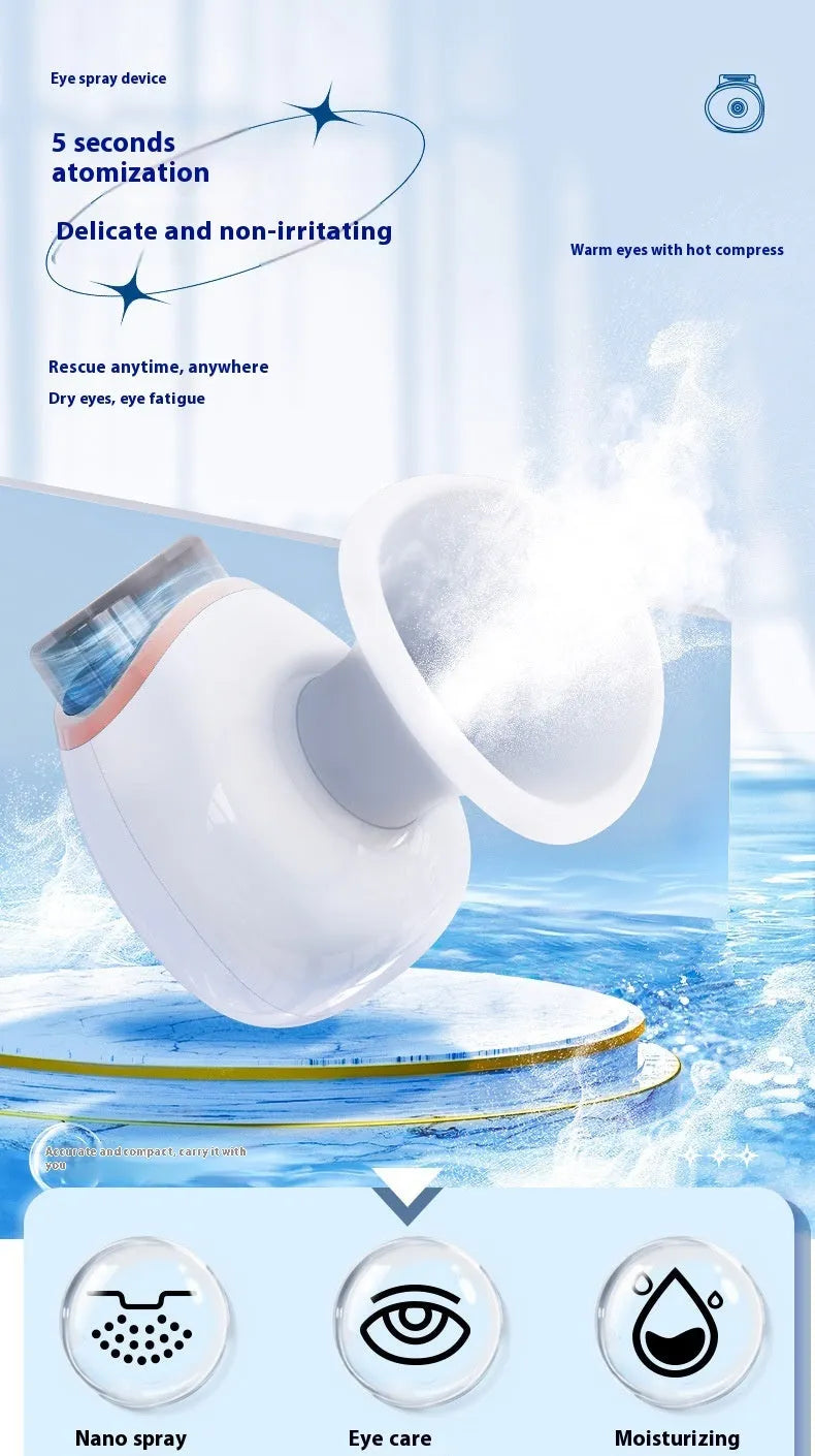 White and purple household eye humidifier with charging cable on wooden table