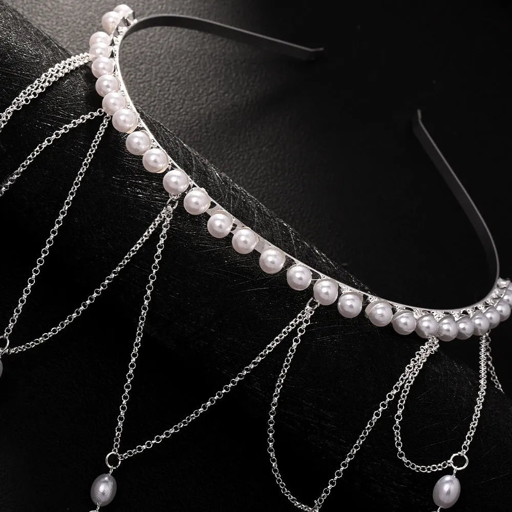 Gold and silver mesh tassel hair chain with pearl details for women