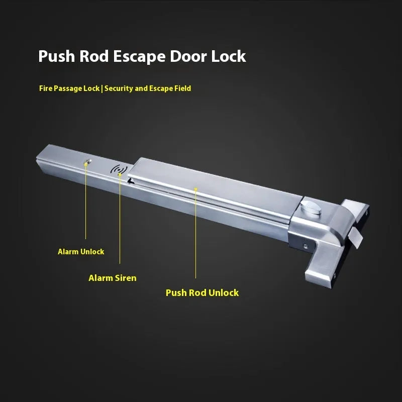 Stainless steel fire safety push lock with external handle for a 65cm door.